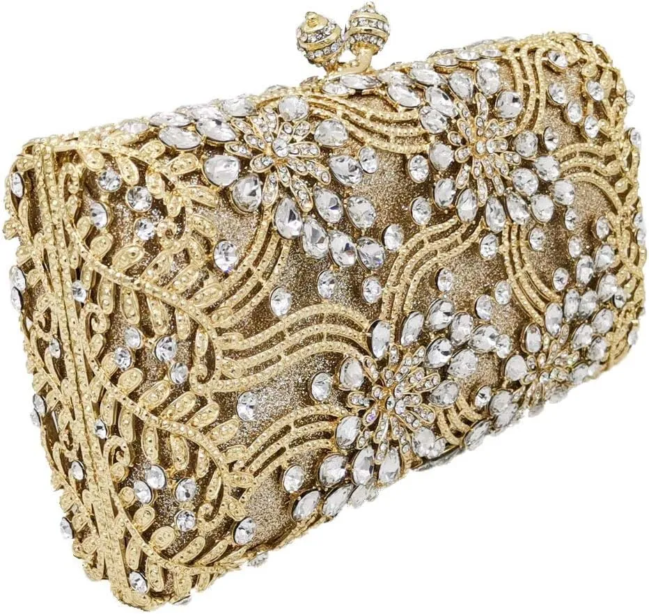 Boutique De FGG Flower Formal Crystal Clutch Purses for Women Evening Handbags Bridal Floral Rhinestones Clutch Bag,Mini