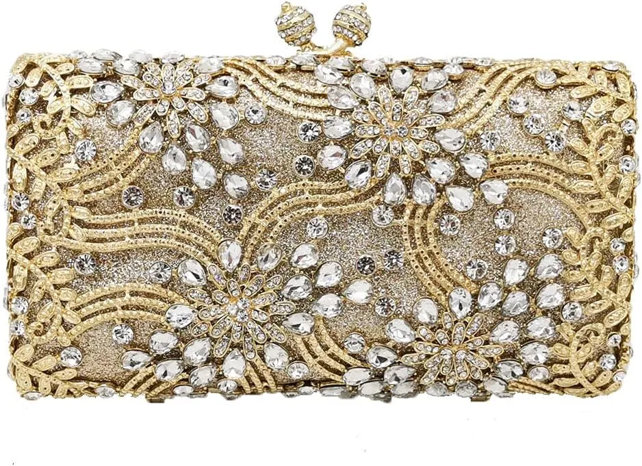 Boutique De FGG Flower Formal Crystal Clutch Purses for Women Evening Handbags Bridal Floral Rhinestones Clutch Bag,Mini
