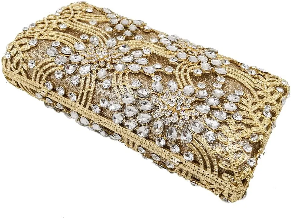 Boutique De FGG Flower Formal Crystal Clutch Purses for Women Evening Handbags Bridal Floral Rhinestones Clutch Bag,Mini