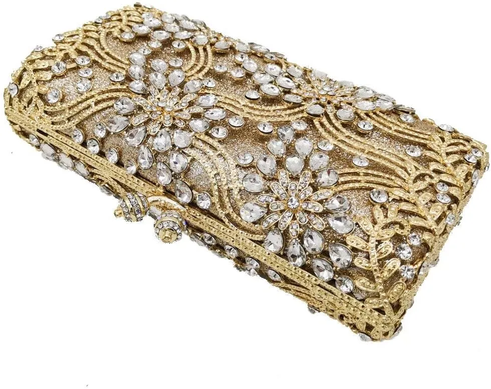 Boutique De FGG Flower Formal Crystal Clutch Purses for Women Evening Handbags Bridal Floral Rhinestones Clutch Bag,Mini