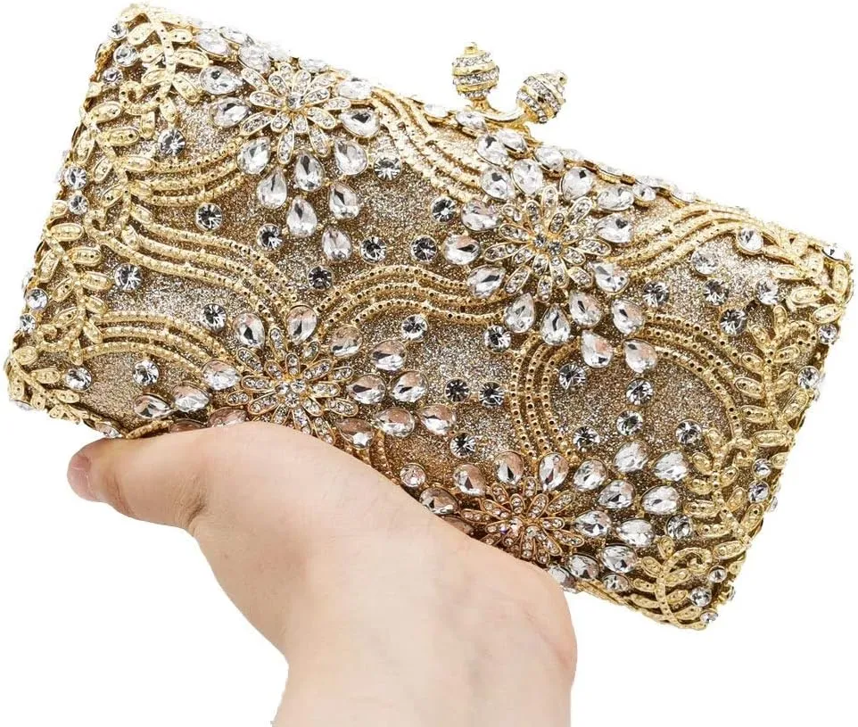 Boutique De FGG Flower Formal Crystal Clutch Purses for Women Evening Handbags Bridal Floral Rhinestones Clutch Bag,Mini