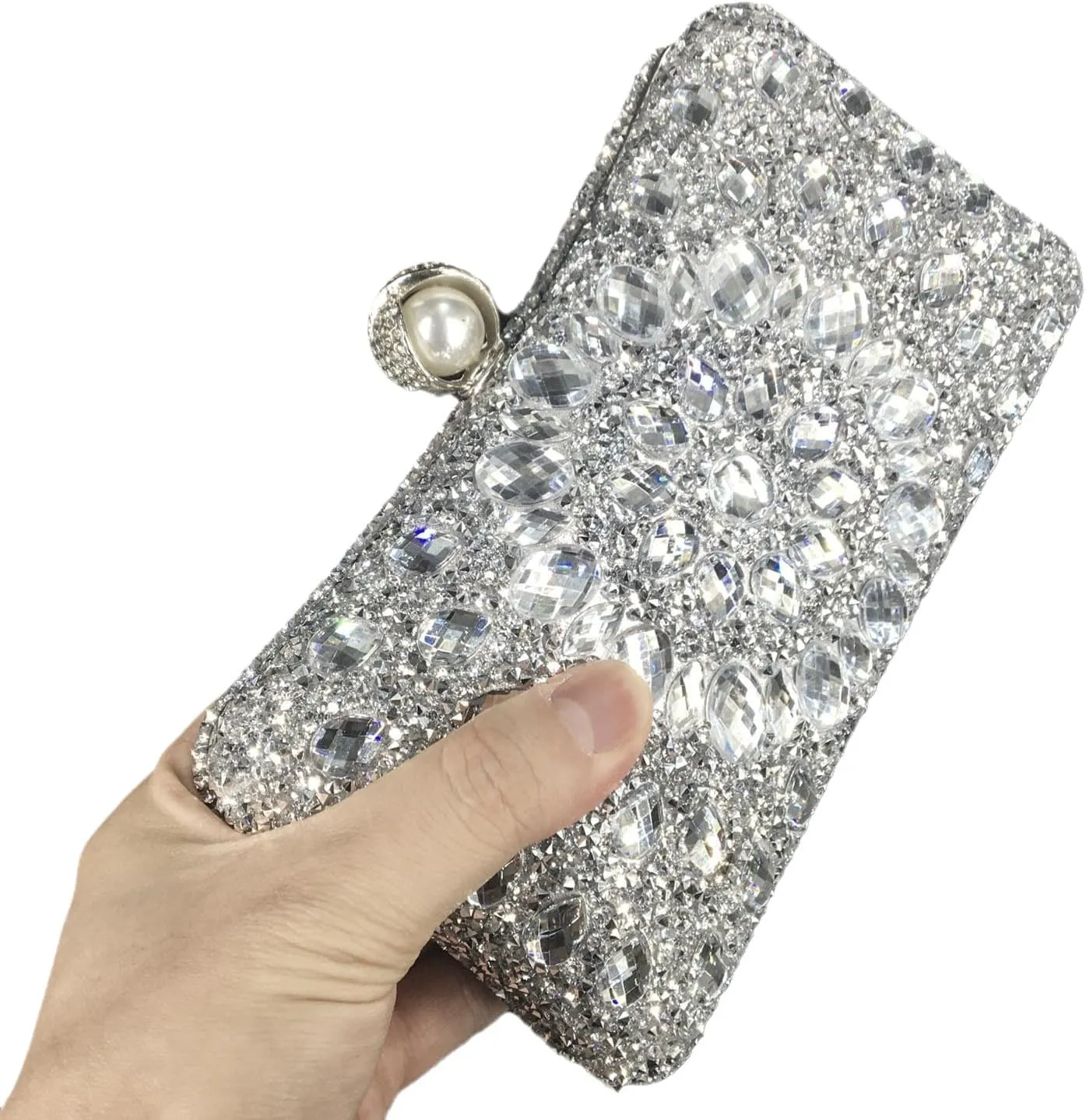 Boutique De FGG Pearl Clasp Crystal Clutch Purses for Women Evening Bags Wedding Handbag Party Rhinestone Clutch Bag,Mini