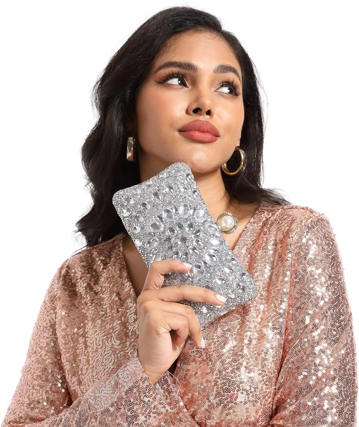 Boutique De FGG Pearl Clasp Crystal Clutch Purses for Women Evening Bags Wedding Handbag Party Rhinestone Clutch Bag,Mini