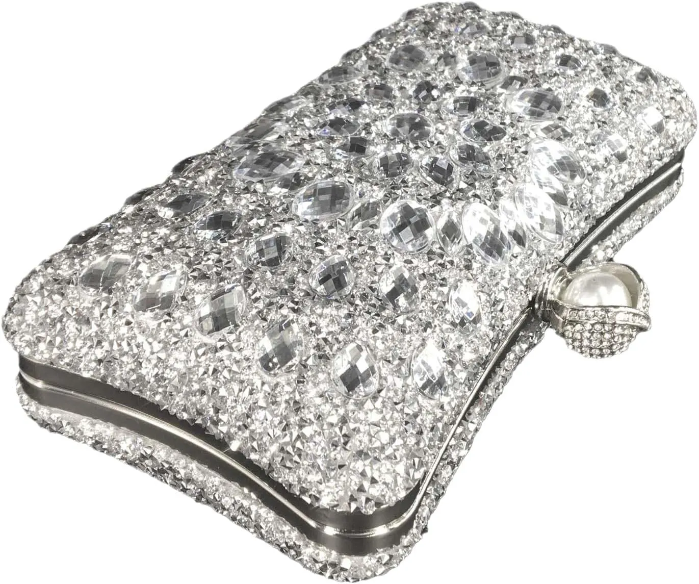 Boutique De FGG Pearl Clasp Crystal Clutch Purses for Women Evening Bags Wedding Handbag Party Rhinestone Clutch Bag,Mini