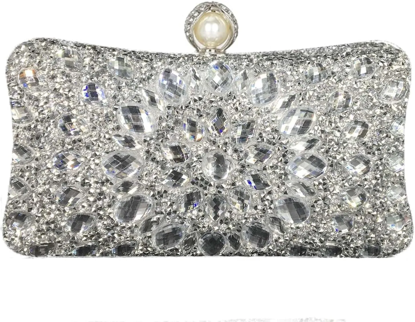 Boutique De FGG Pearl Clasp Crystal Clutch Purses for Women Evening Bags Wedding Handbag Party Rhinestone Clutch Bag,Mini