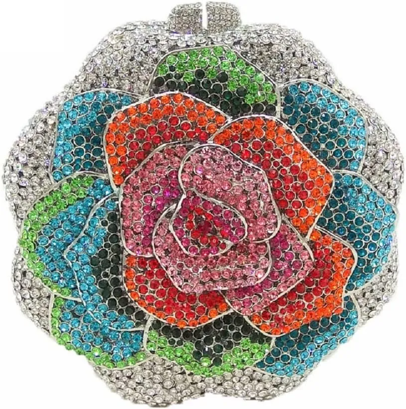 Boutique De FGG Rose Crystal Clutch Purse Women Flower Evening Bag Wedding Party Prom Bridal Rhinestone Floral Handbag,Mini