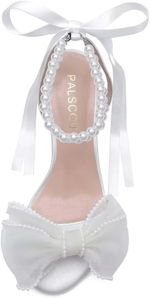 Bow Knot Heeled Sandals Wedding Shoes for Bride Block Heel Wedding Sandals Pearl Heels Bridal Shoes