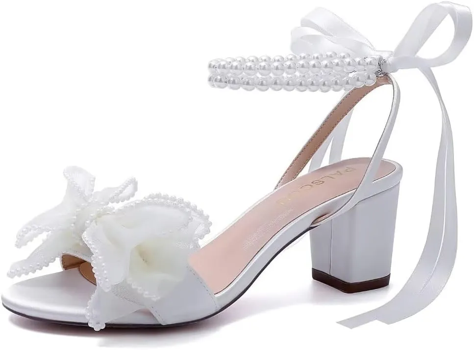 Bow Knot Heeled Sandals Wedding Shoes for Bride Block Heel Wedding Sandals Pearl Heels Bridal Shoes