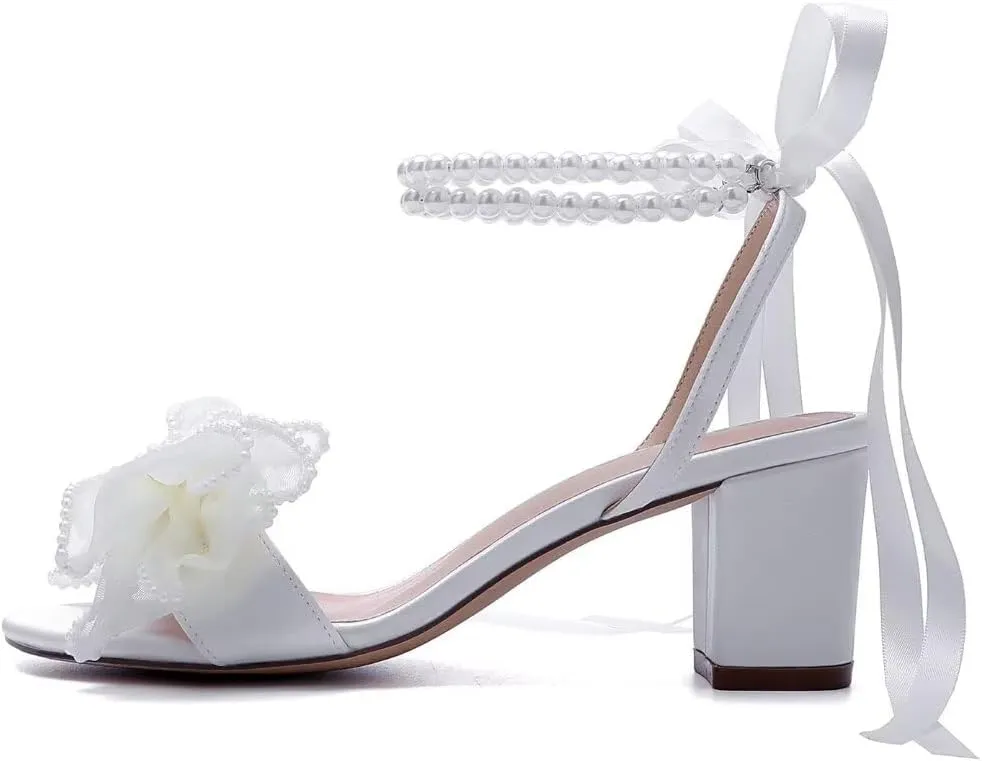 Bow Knot Heeled Sandals Wedding Shoes for Bride Block Heel Wedding Sandals Pearl Heels Bridal Shoes