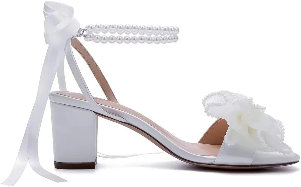 Bow Knot Heeled Sandals Wedding Shoes for Bride Block Heel Wedding Sandals Pearl Heels Bridal Shoes