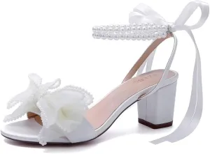 Bow Knot Heeled Sandals Wedding Shoes for Bride Block Heel Wedding Sandals Pearl Heels Bridal Shoes