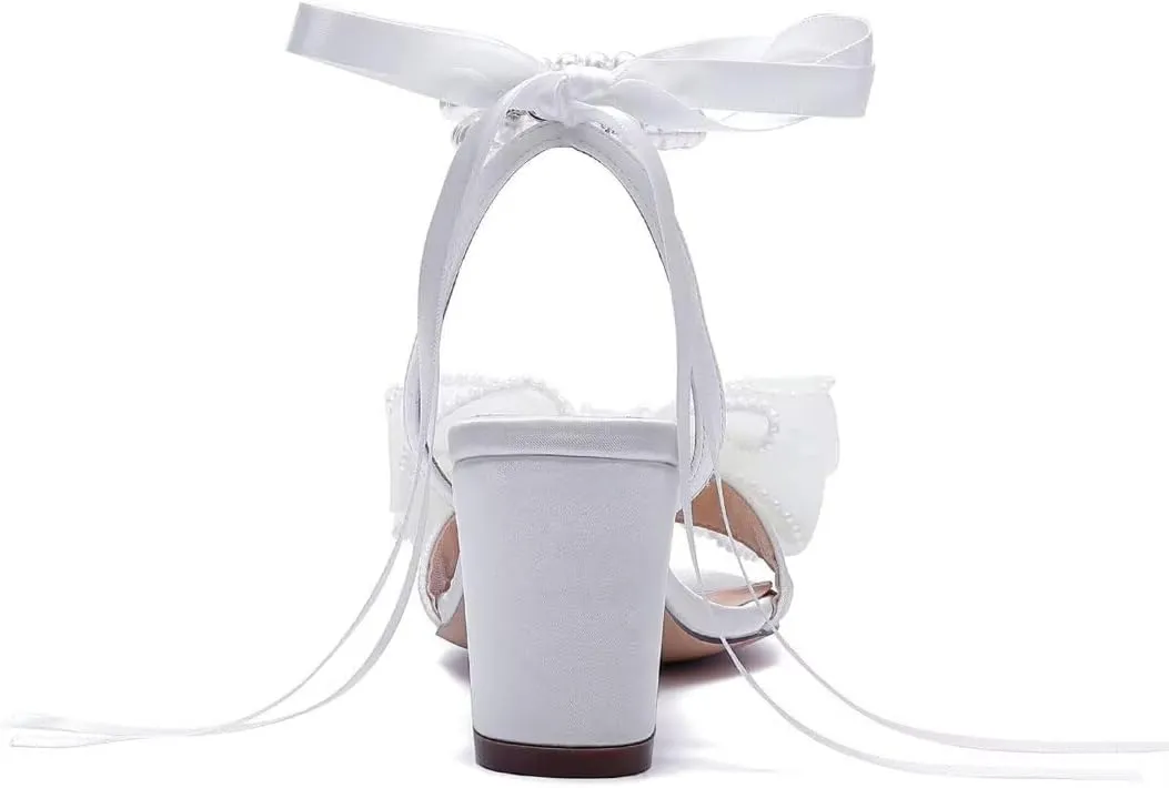 Bow Knot Heeled Sandals Wedding Shoes for Bride Block Heel Wedding Sandals Pearl Heels Bridal Shoes