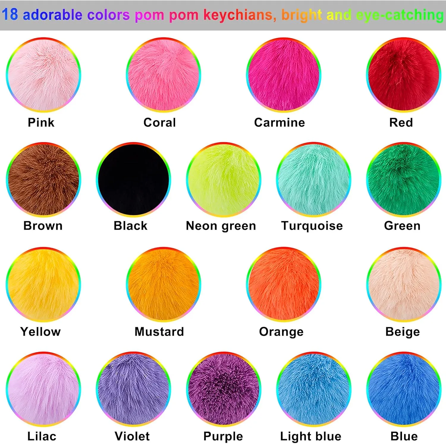 BQTQ 18 Pieces Pom Pom Keychain Rabbit Faux Fur Ball Keychain Fluffy Pom Pom Keychain Pom Pom Puff Ball with Keychain Hooks