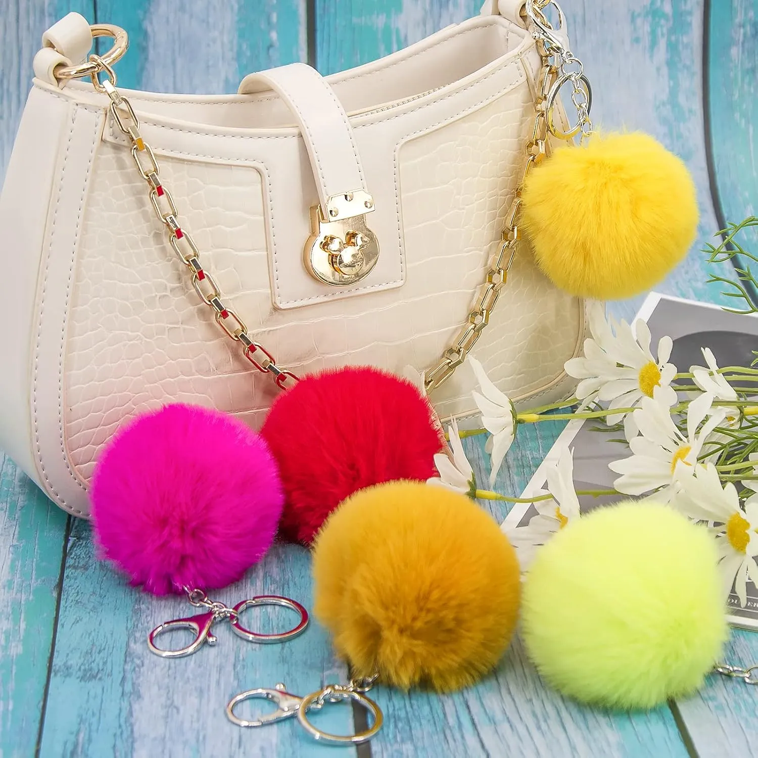 BQTQ 18 Pieces Pom Pom Keychain Rabbit Faux Fur Ball Keychain Fluffy Pom Pom Keychain Pom Pom Puff Ball with Keychain Hooks