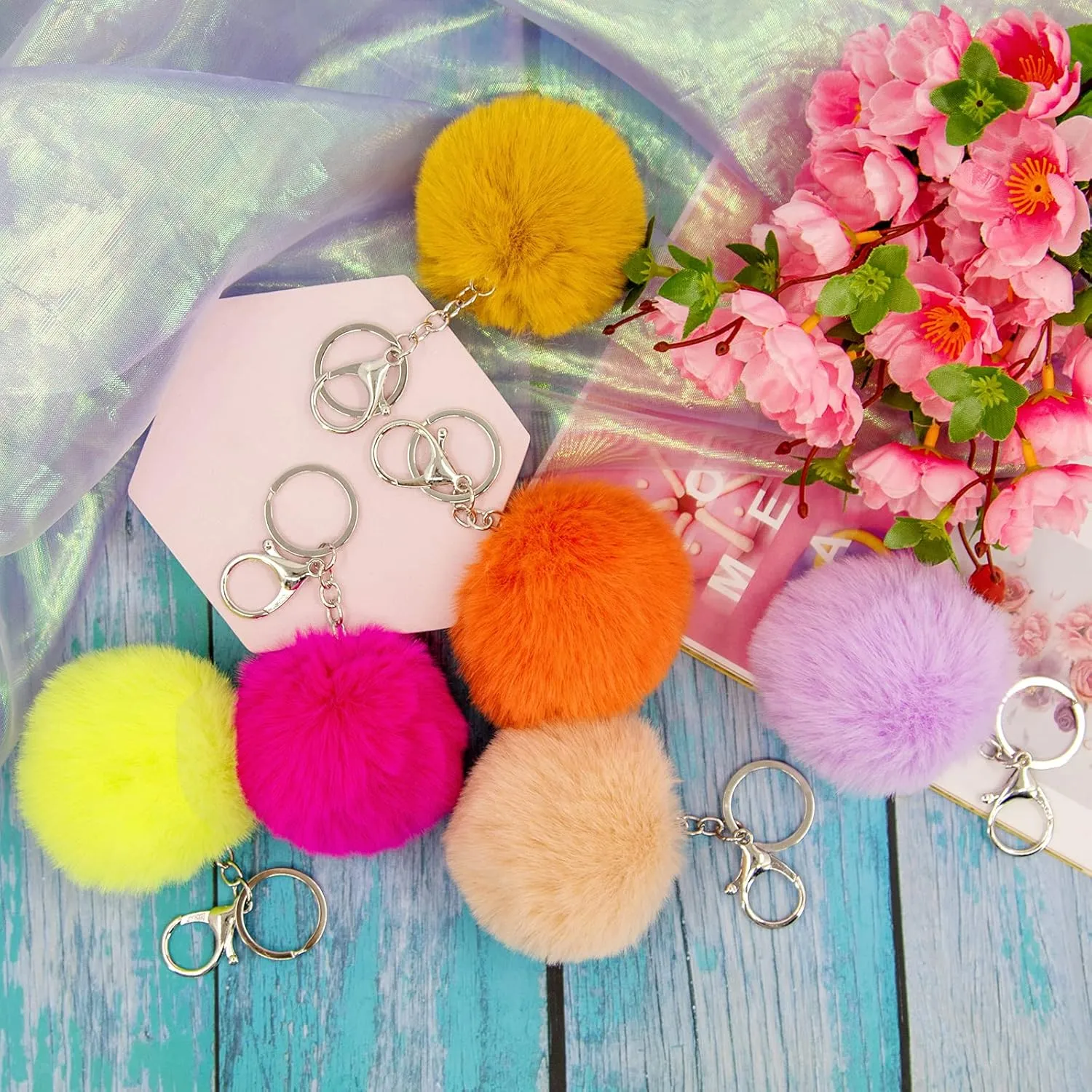 BQTQ 18 Pieces Pom Pom Keychain Rabbit Faux Fur Ball Keychain Fluffy Pom Pom Keychain Pom Pom Puff Ball with Keychain Hooks