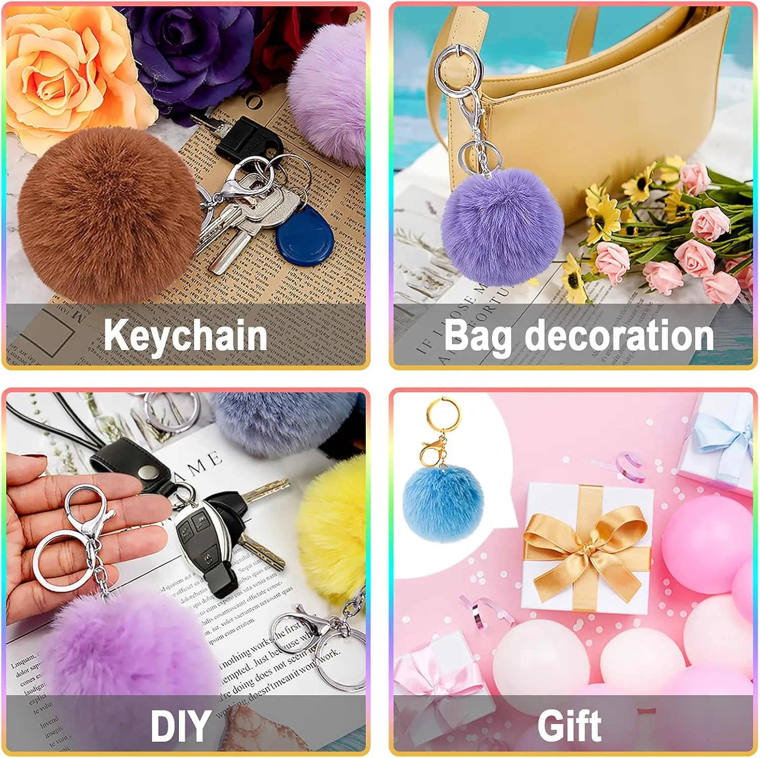 BQTQ 18 Pieces Pom Pom Keychain Rabbit Faux Fur Ball Keychain Fluffy Pom Pom Keychain Pom Pom Puff Ball with Keychain Hooks