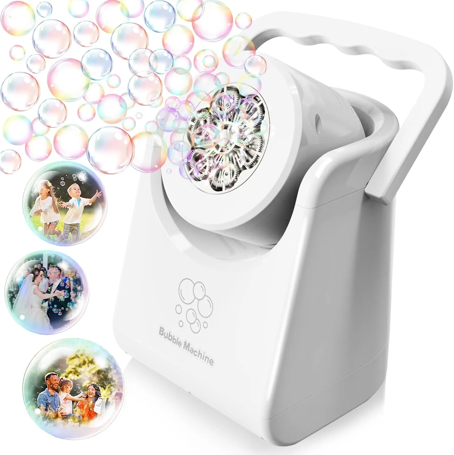Bubble Machine Automatic Bubble Blower for Kids Batteries Operated Portable Bubble Maker Electric Bubble Machine Adjust Angle by 90° Indoor Outdoor Toy for Birthday Party Wedding White