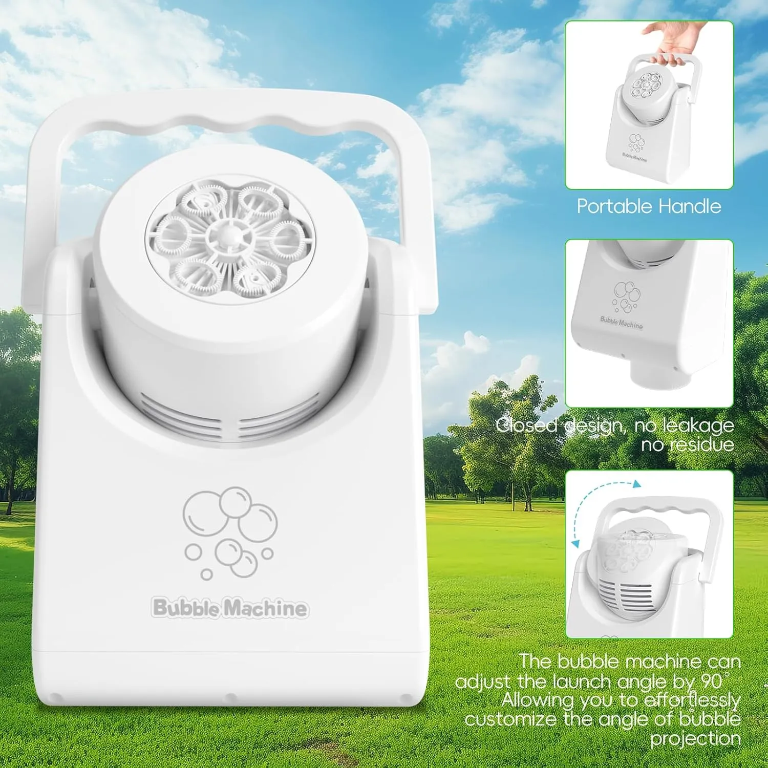 Bubble Machine Automatic Bubble Blower for Kids Batteries Operated Portable Bubble Maker Electric Bubble Machine Adjust Angle by 90° Indoor Outdoor Toy for Birthday Party Wedding White