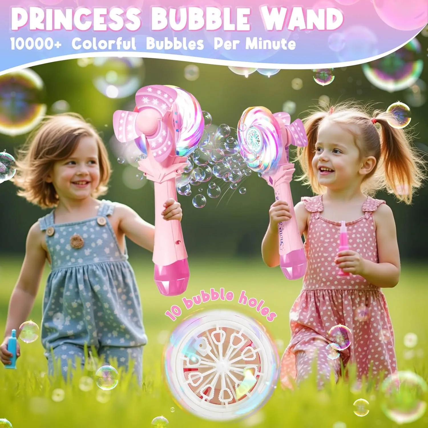 Bubble Wands for Kids Age 4-8: Windmill Light Up Automatic Bubble Machine Rechargeable With 2 Bubble Solution Outdoor Party Birthday Toys for Toddlers, Gift for 3 4 5 6 7 8 Year Old Girls, Pink