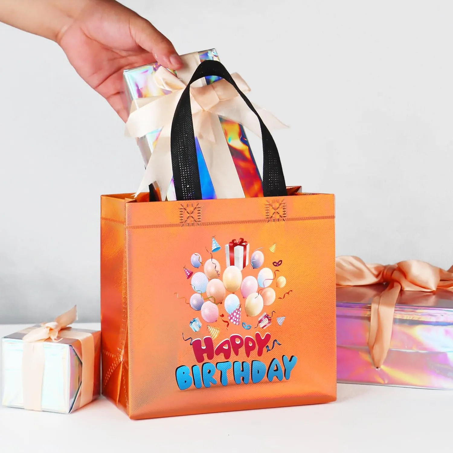 cabzymx Small Sunset Gold Birthday Gift Bags with Handles, 18 Pcs Balloons Pattern Happy Birthday Party Bags Bulk for Girls, Boys