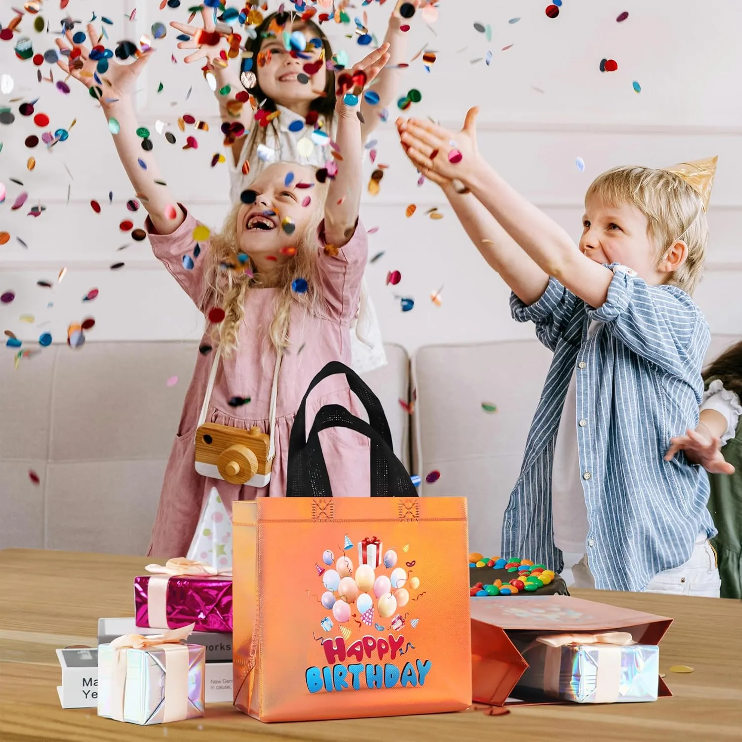 cabzymx Small Sunset Gold Birthday Gift Bags with Handles, 18 Pcs Balloons Pattern Happy Birthday Party Bags Bulk for Girls, Boys