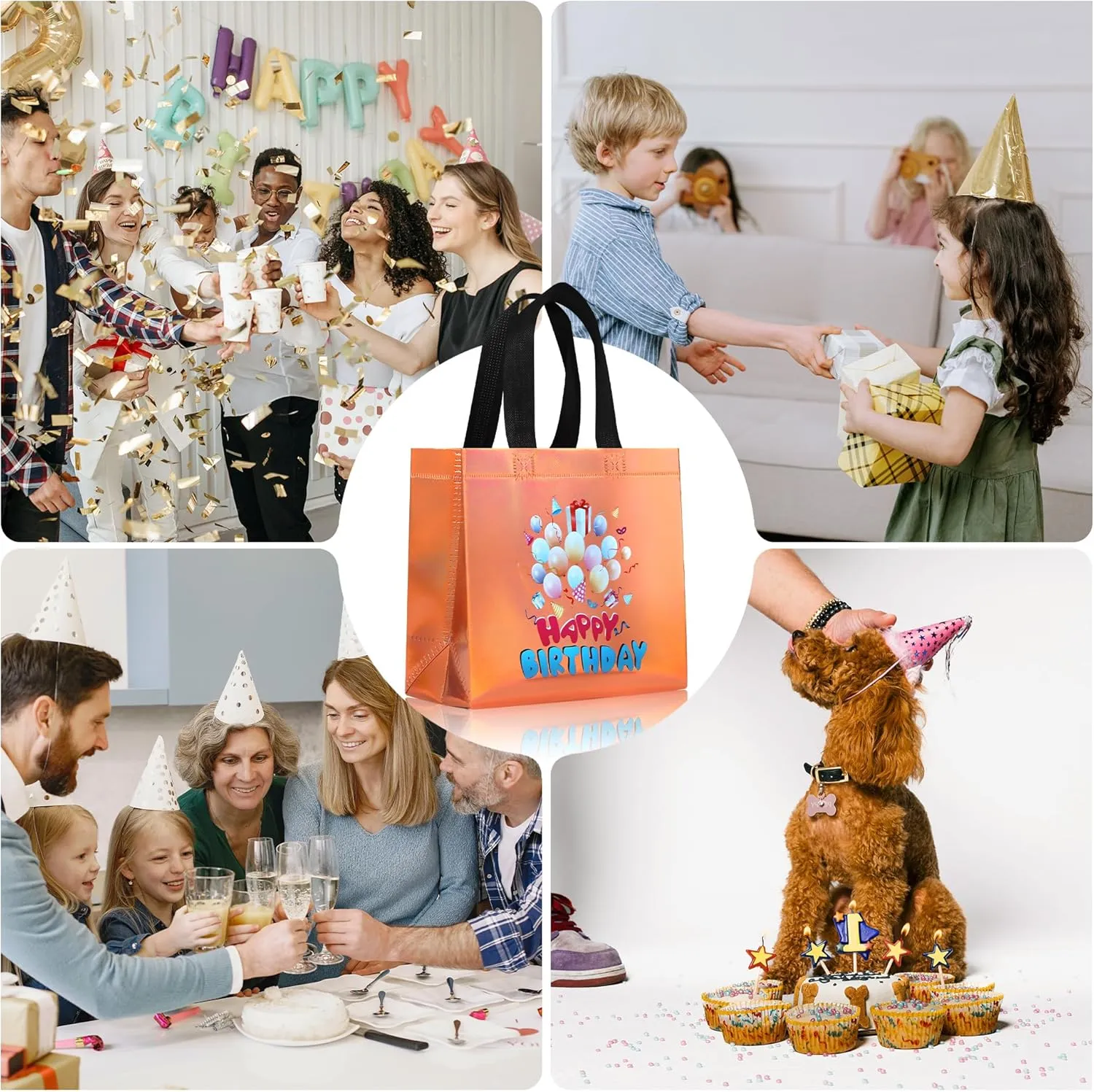 cabzymx Small Sunset Gold Birthday Gift Bags with Handles, 18 Pcs Balloons Pattern Happy Birthday Party Bags Bulk for Girls, Boys