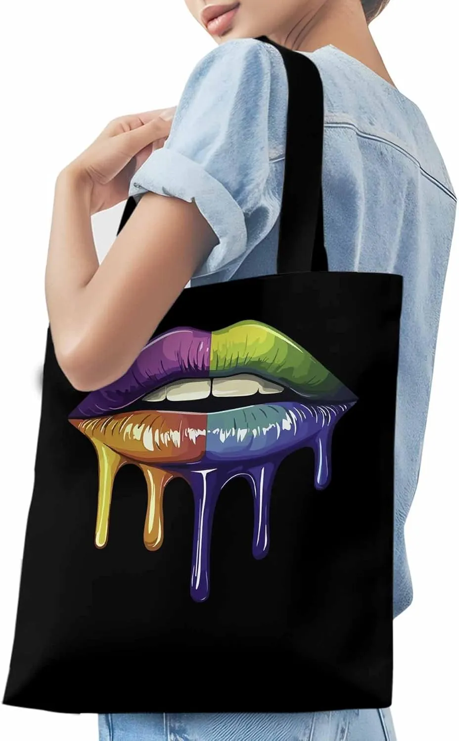 Canvas Tote Bag, Colorful Abstract Art Lips Aesthetic Canvas Tote Handbags for Women Shoulder Bag