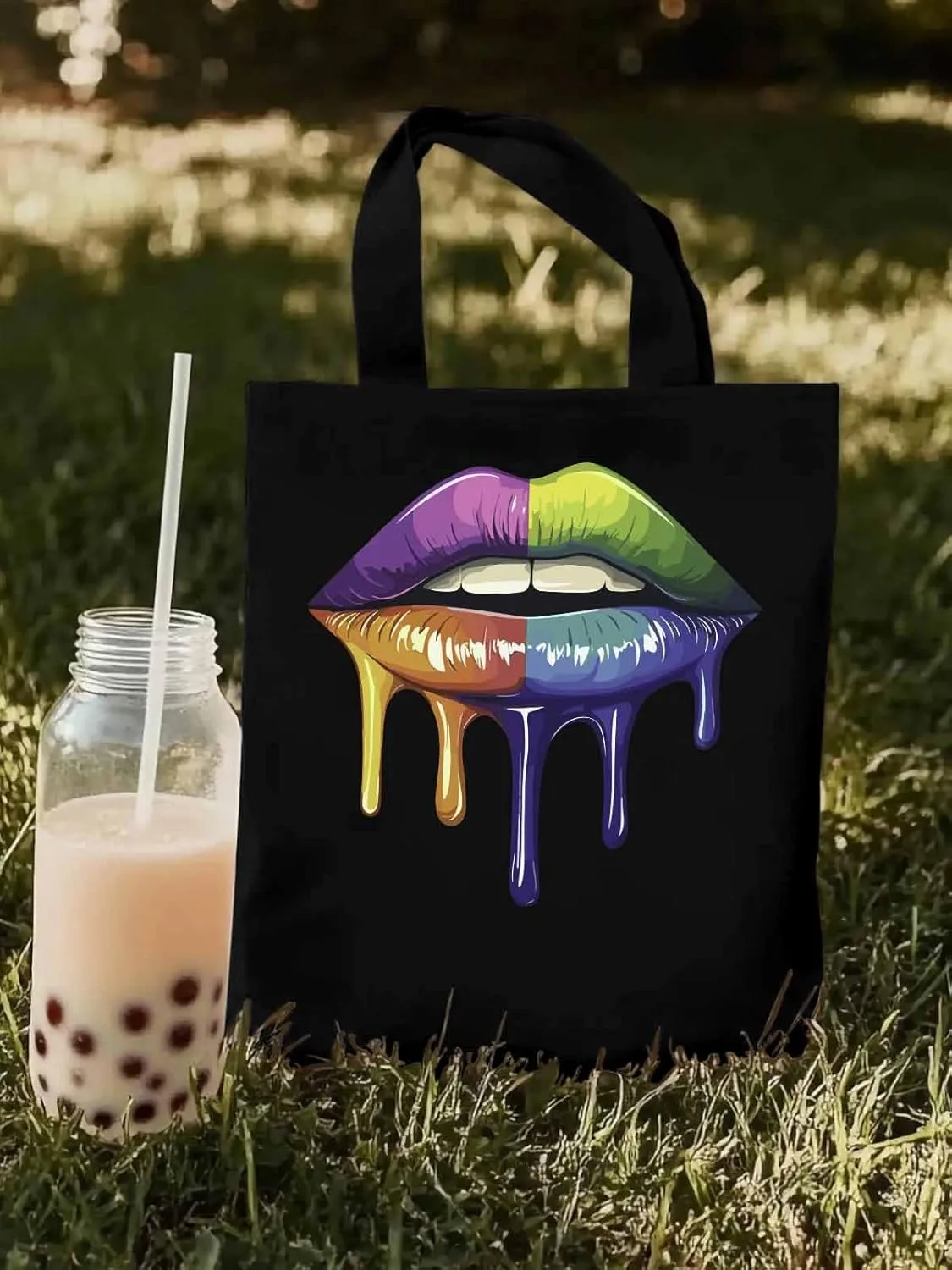 Canvas Tote Bag, Colorful Abstract Art Lips Aesthetic Canvas Tote Handbags for Women Shoulder Bag