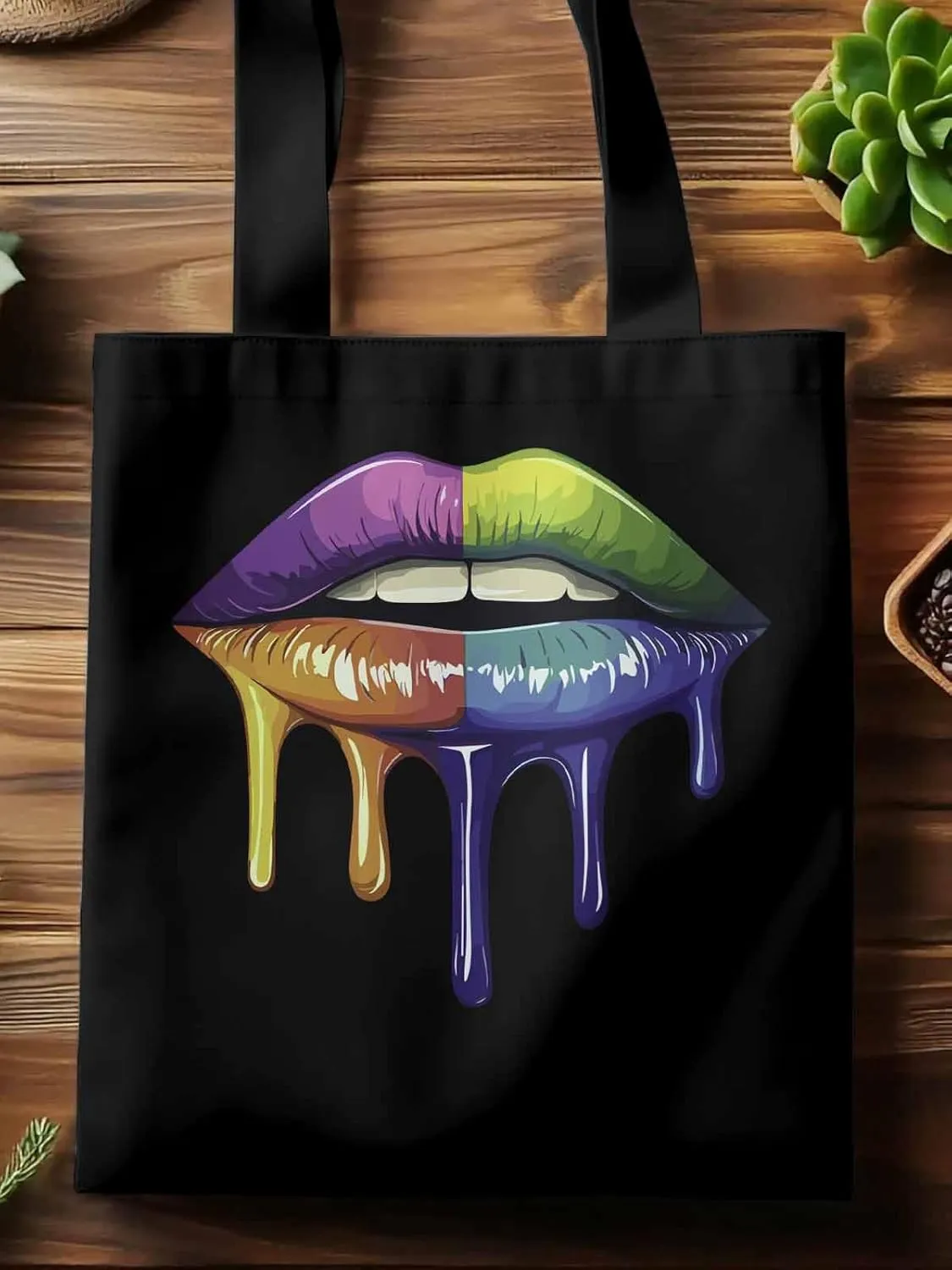 Canvas Tote Bag, Colorful Abstract Art Lips Aesthetic Canvas Tote Handbags for Women Shoulder Bag