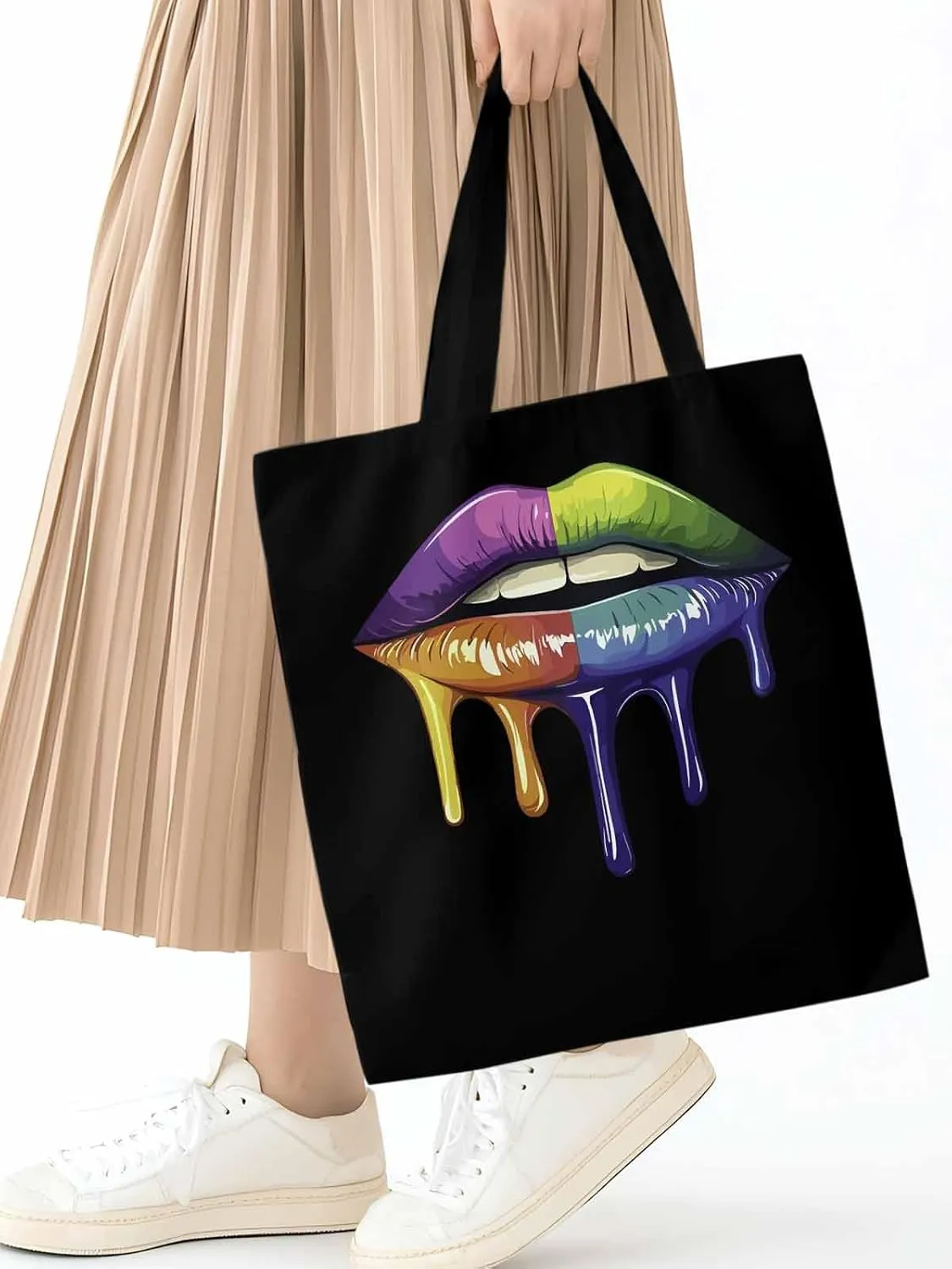 Canvas Tote Bag, Colorful Abstract Art Lips Aesthetic Canvas Tote Handbags for Women Shoulder Bag