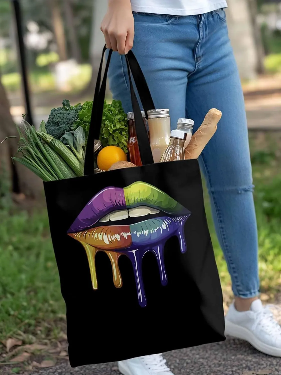 Canvas Tote Bag, Colorful Abstract Art Lips Aesthetic Canvas Tote Handbags for Women Shoulder Bag