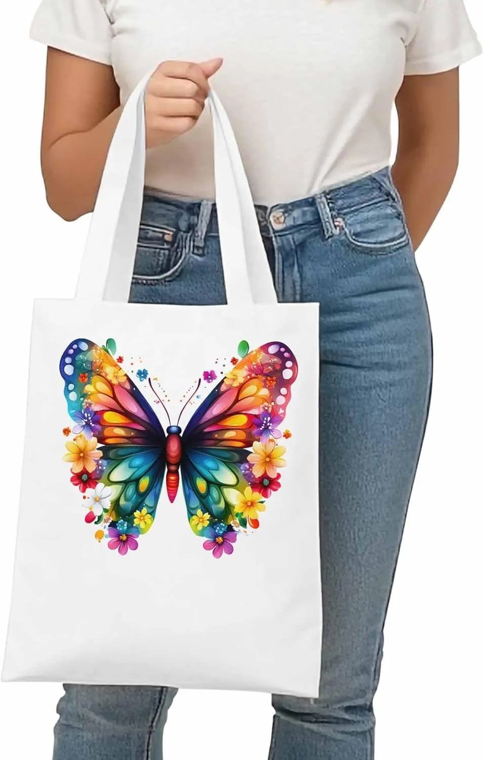 Canvas Tote Bag Colorful Butterfly Reusable Grocery Shopping Bags with Handle, Flower Watercolor Large Canvas