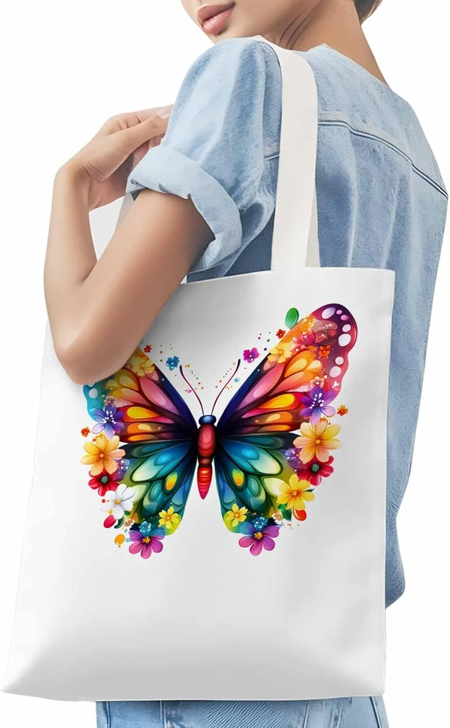 Canvas Tote Bag Colorful Butterfly Reusable Grocery Shopping Bags with Handle, Flower Watercolor Large Canvas