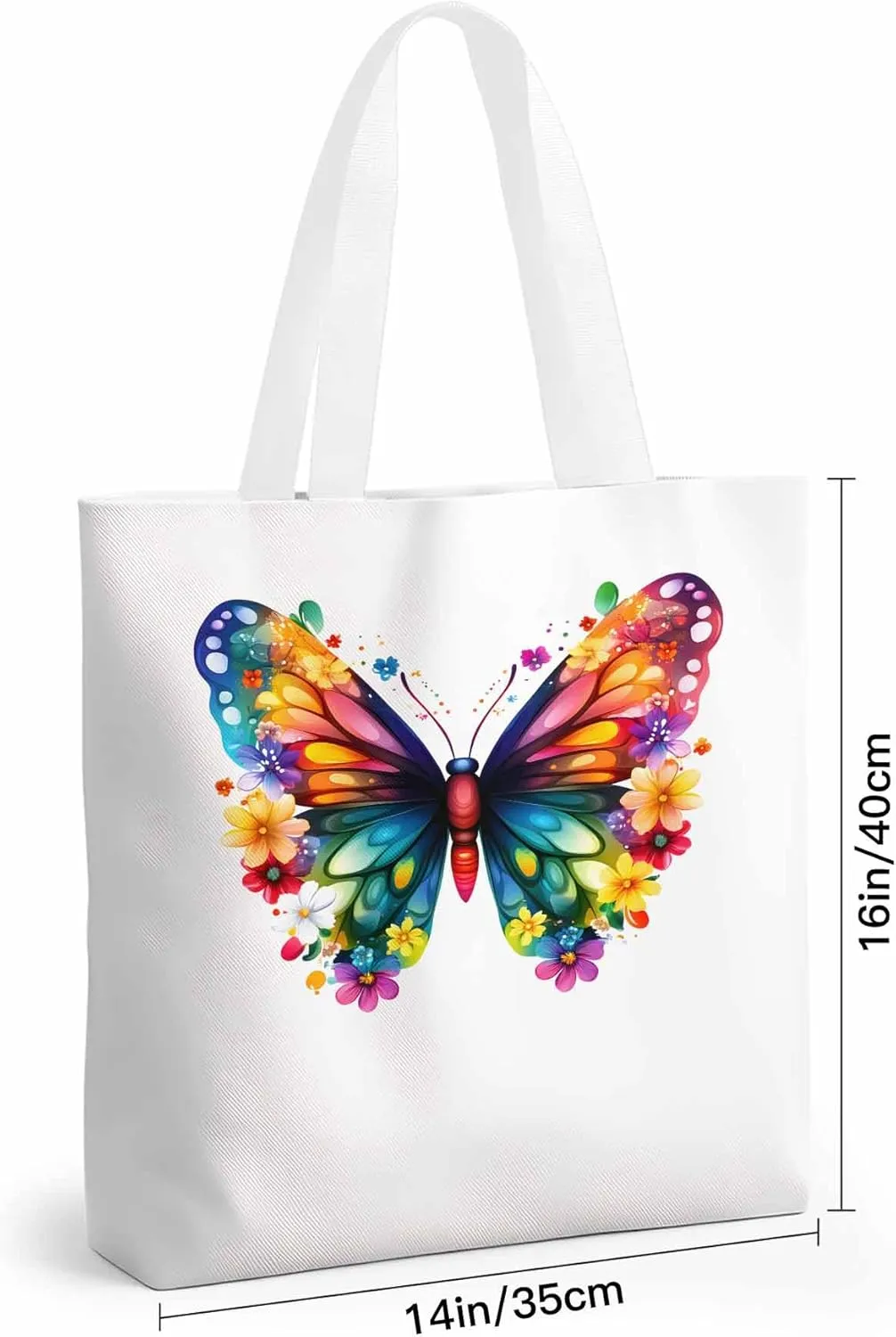 Canvas Tote Bag Colorful Butterfly Reusable Grocery Shopping Bags with Handle, Flower Watercolor Large Canvas
