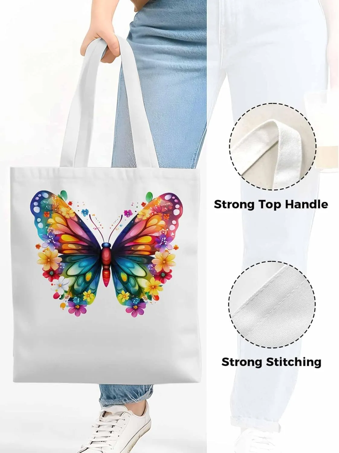 Canvas Tote Bag Colorful Butterfly Reusable Grocery Shopping Bags with Handle, Flower Watercolor Large Canvas