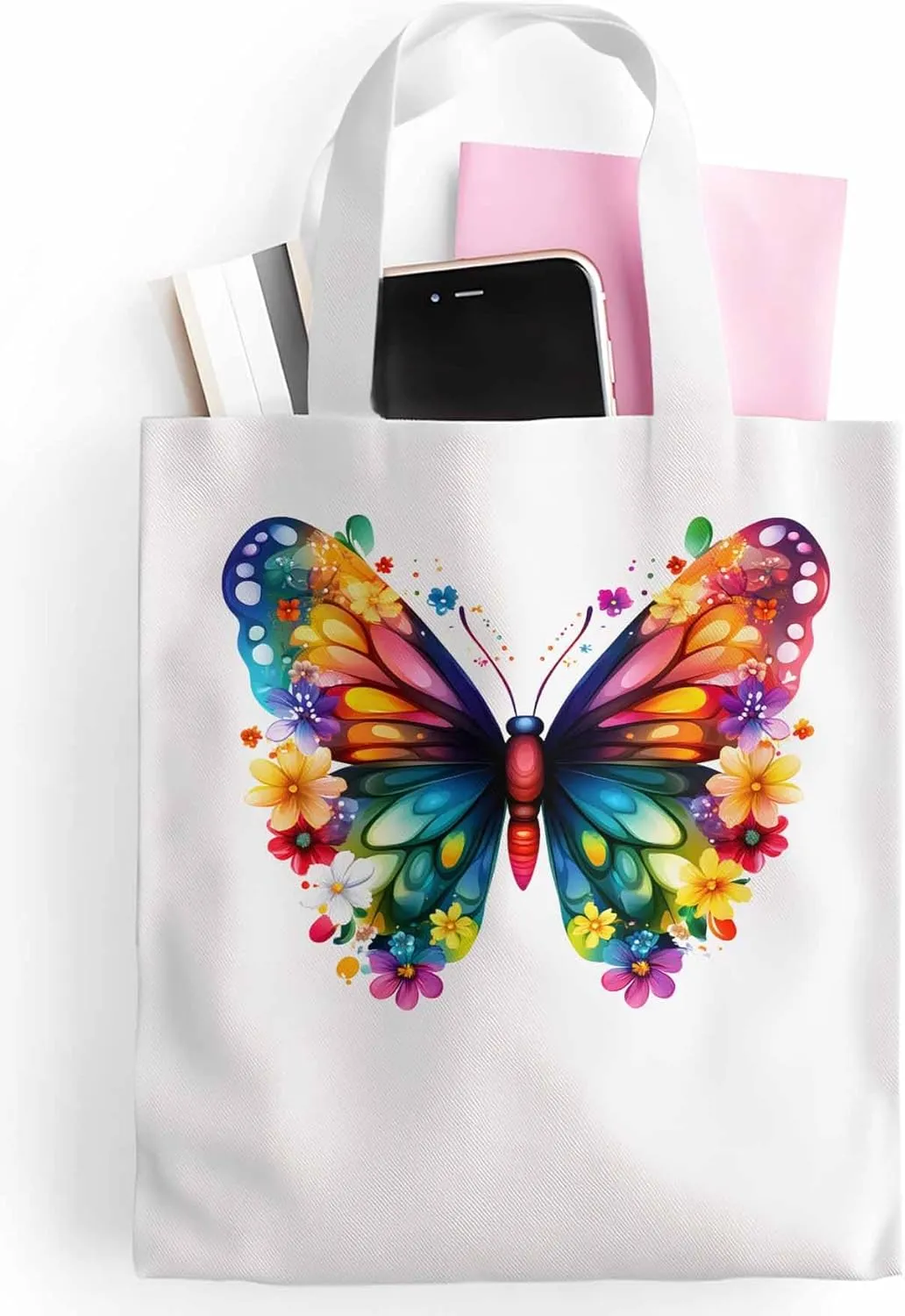Canvas Tote Bag Colorful Butterfly Reusable Grocery Shopping Bags with Handle, Flower Watercolor Large Canvas