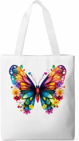 Canvas Tote Bag Colorful Butterfly Reusable Grocery Shopping Bags with Handle, Flower Watercolor Large Canvas