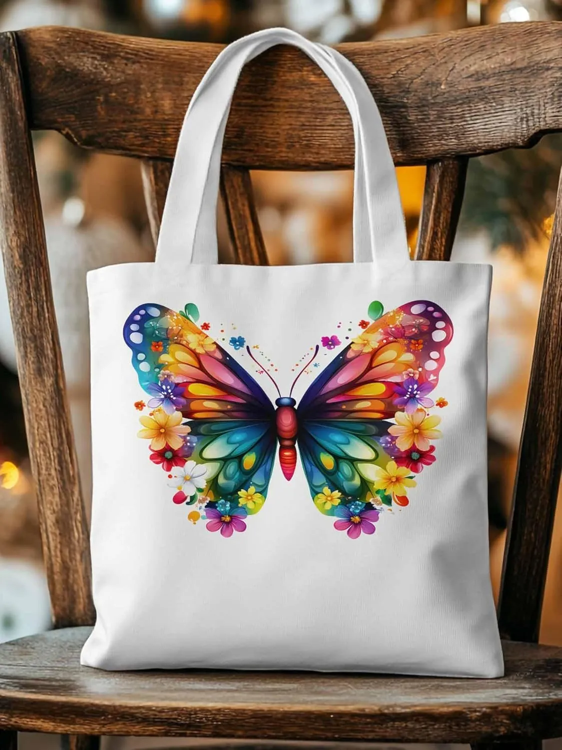 Canvas Tote Bag Colorful Butterfly Reusable Grocery Shopping Bags with Handle, Flower Watercolor Large Canvas
