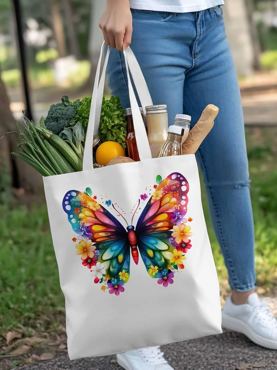 Canvas Tote Bag Colorful Butterfly Reusable Grocery Shopping Bags with Handle, Flower Watercolor Large Canvas