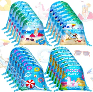 Capoda 24 Pcs Summer Party Favor Bags 7.09 x 5.12 Inches Summer Pool Drawstring Bags for Kids Bulk Hawaiian Shark Theme Decorations Candy Gift for Luau Party Supplies(Pool)