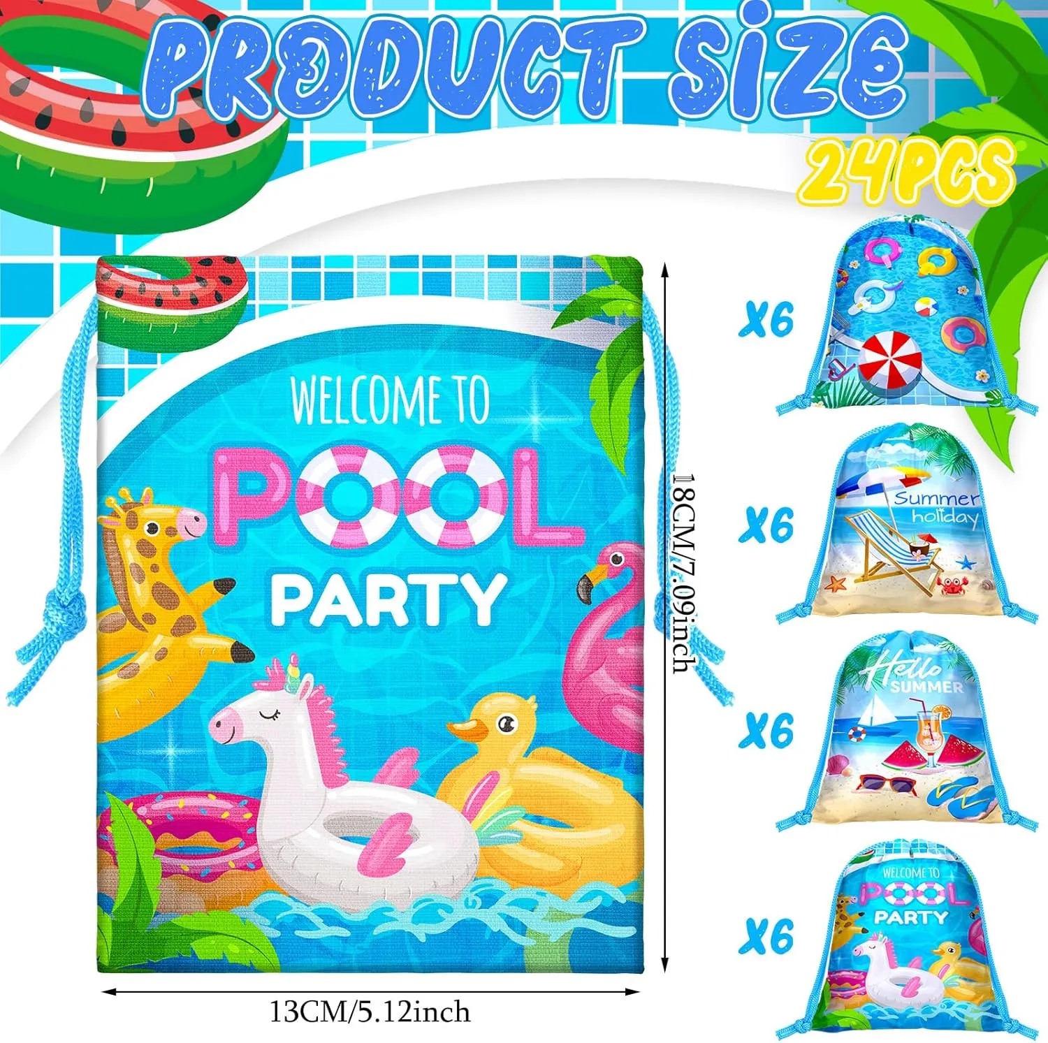 Capoda 24 Pcs Summer Party Favor Bags 7.09 x 5.12 Inches Summer Pool Drawstring Bags for Kids Bulk Hawaiian Shark Theme Decorations Candy Gift for Luau Party Supplies(Pool)