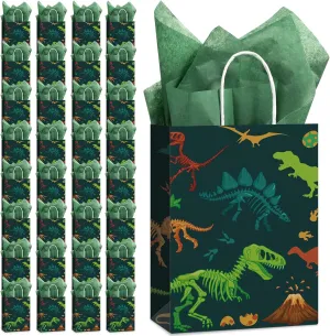 Capoda Dinosaur Favor Tote Bags with Tissue Paper Green Dino Treat Candy Goodies Gift Bags with Handle for Boy Girl Dinosaur Themed Birthday Baby Shower Party Decor(32 Pcs)