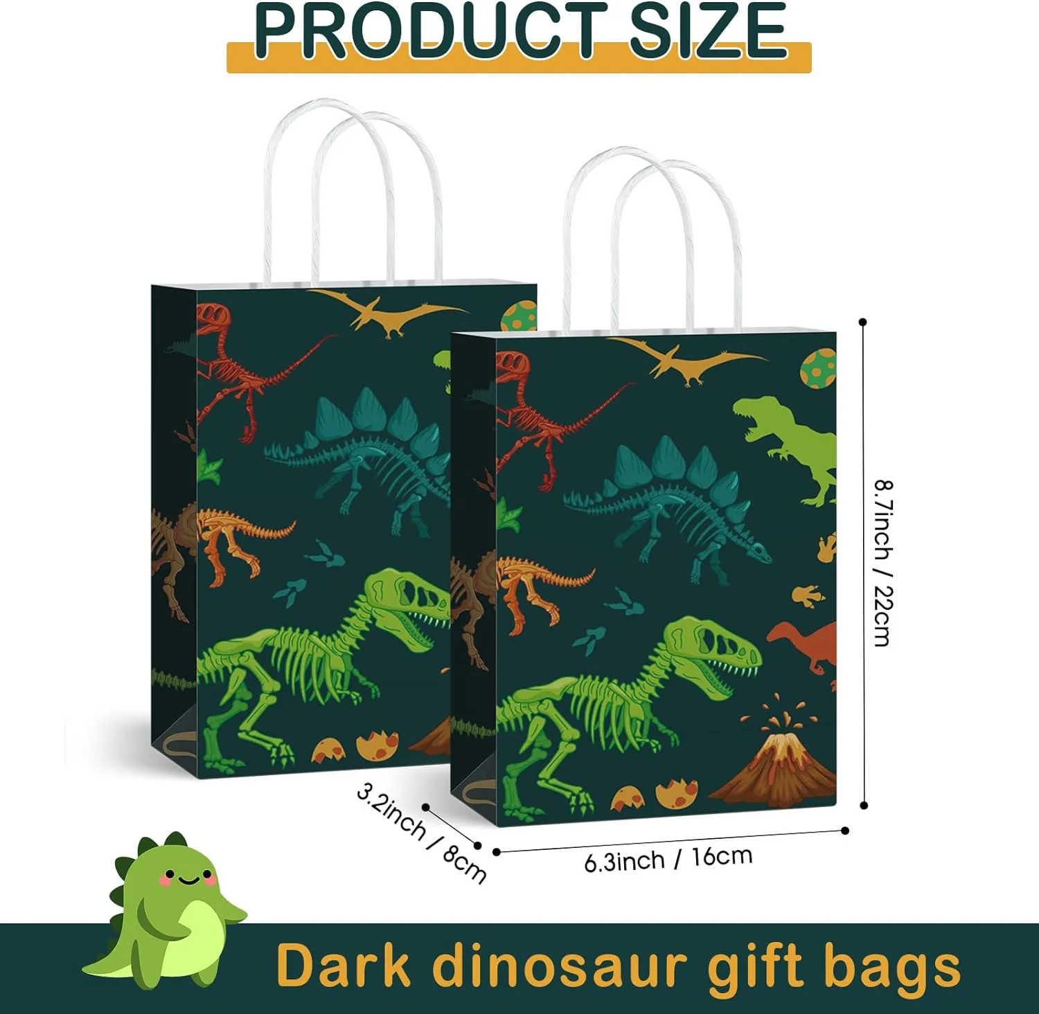 Capoda Dinosaur Favor Tote Bags with Tissue Paper Green Dino Treat Candy Goodies Gift Bags with Handle for Boy Girl Dinosaur Themed Birthday Baby Shower Party Decor(32 Pcs)