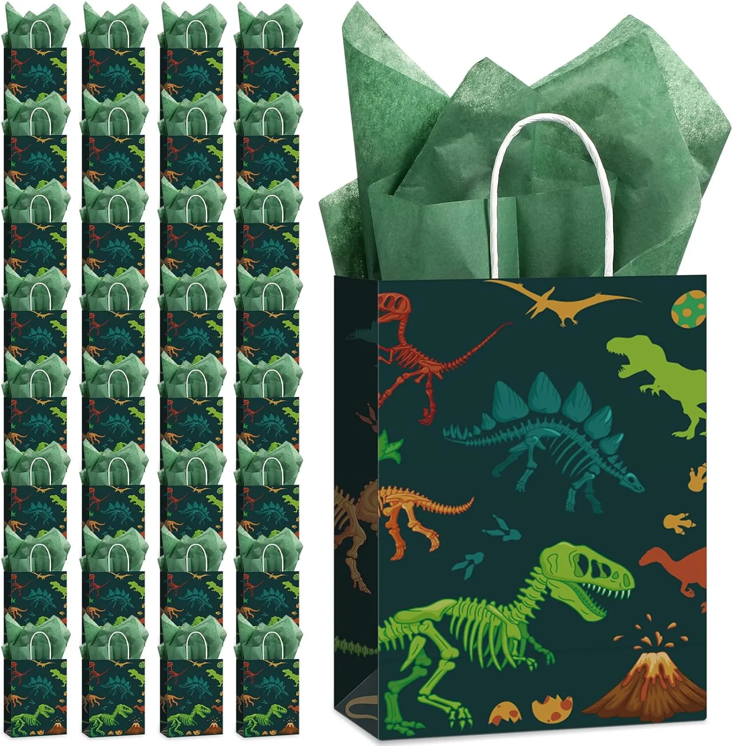 Capoda Dinosaur Favor Tote Bags with Tissue Paper Green Dino Treat Candy Goodies Gift Bags with Handle for Boy Girl Dinosaur Themed Birthday Baby Shower Party Decor(32 Pcs)