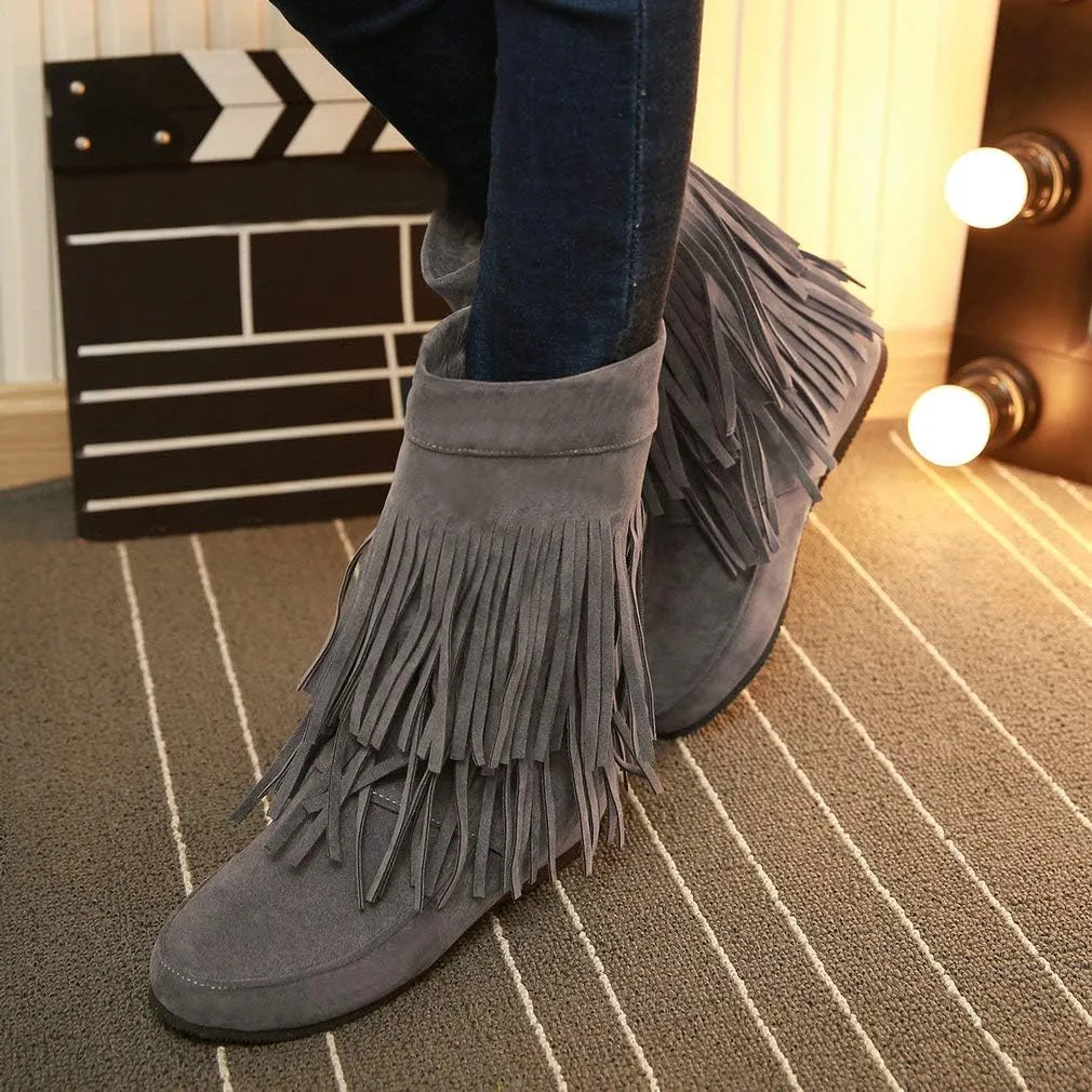 Caradise Womens Faux Suede 2 Layer Tassel Fringe Ankle Boots Flat Mid Calf Boots