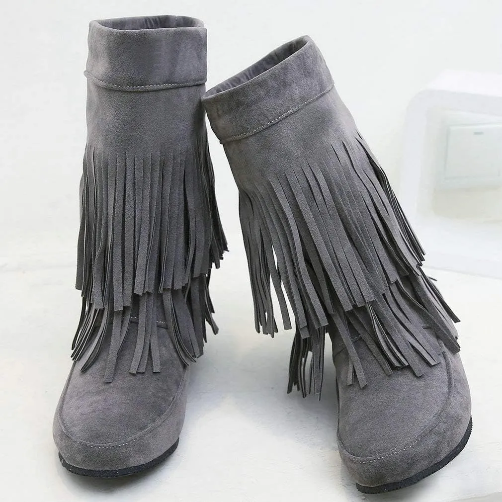 Caradise Womens Faux Suede 2 Layer Tassel Fringe Ankle Boots Flat Mid Calf Boots