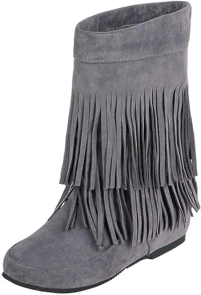 Caradise Womens Faux Suede 2 Layer Tassel Fringe Ankle Boots Flat Mid Calf Boots