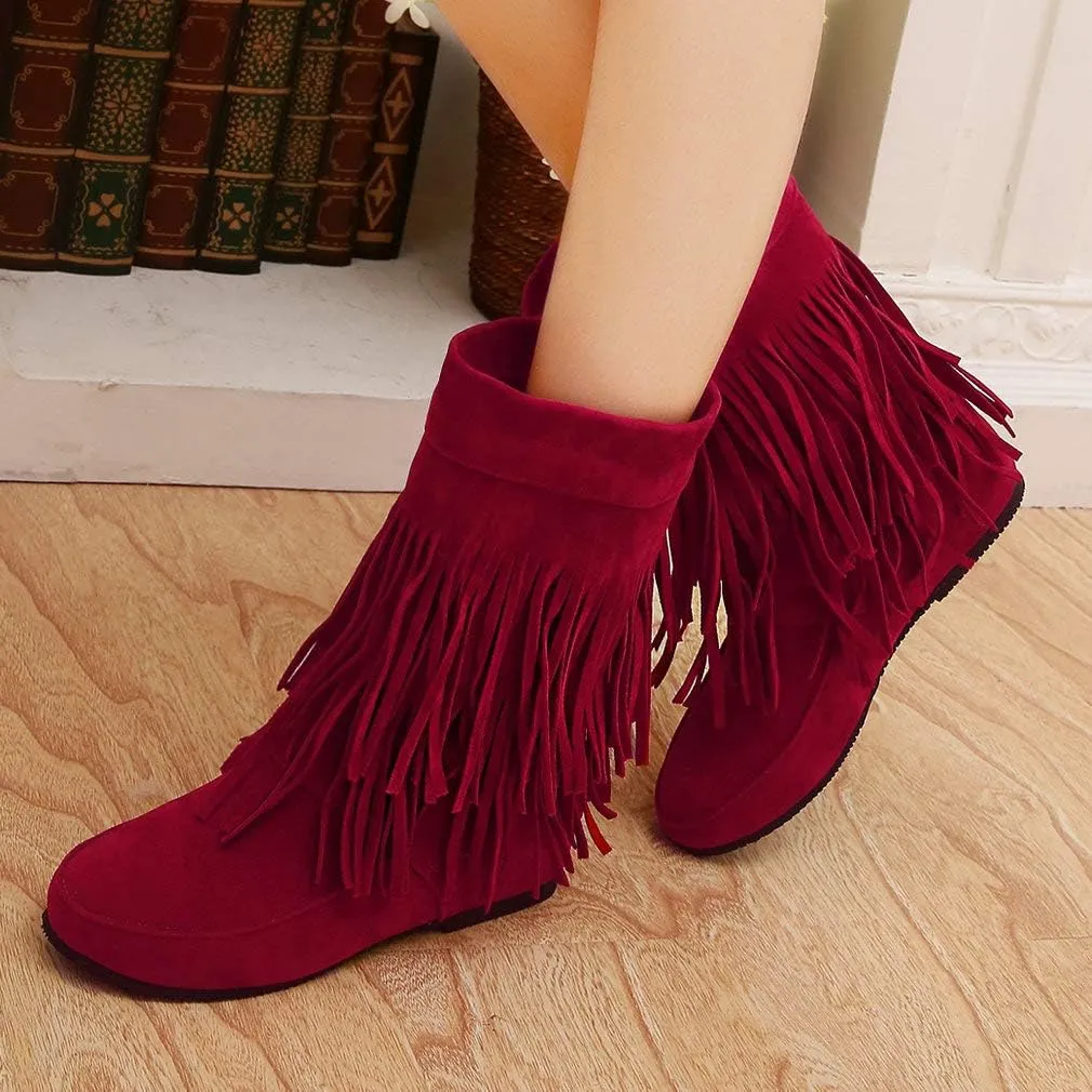Caradise Womens Faux Suede 2 Layer Tassel Fringe Ankle Boots Flat Mid Calf Boots
