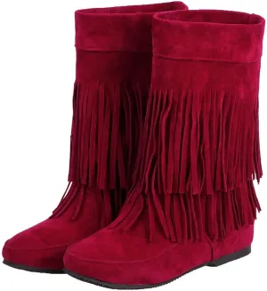Caradise Womens Faux Suede 2 Layer Tassel Fringe Ankle Boots Flat Mid Calf Boots