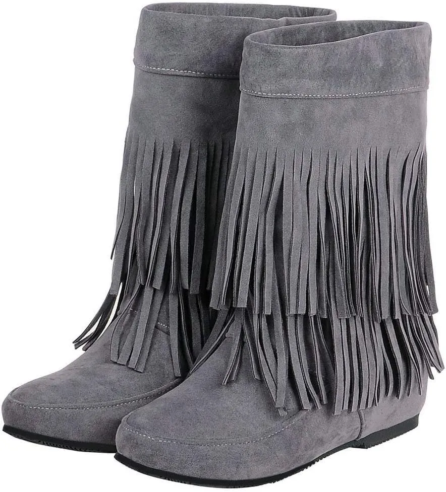 Caradise Womens Faux Suede 2 Layer Tassel Fringe Ankle Boots Flat Mid Calf Boots